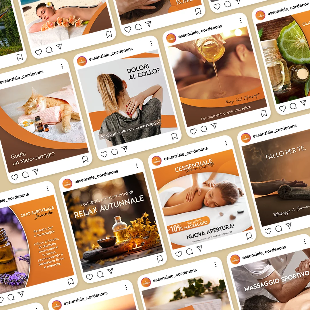 Panoramica dei contenuti social di L’Essenziale, con palette arancio e messaggi dedicati al benessere.