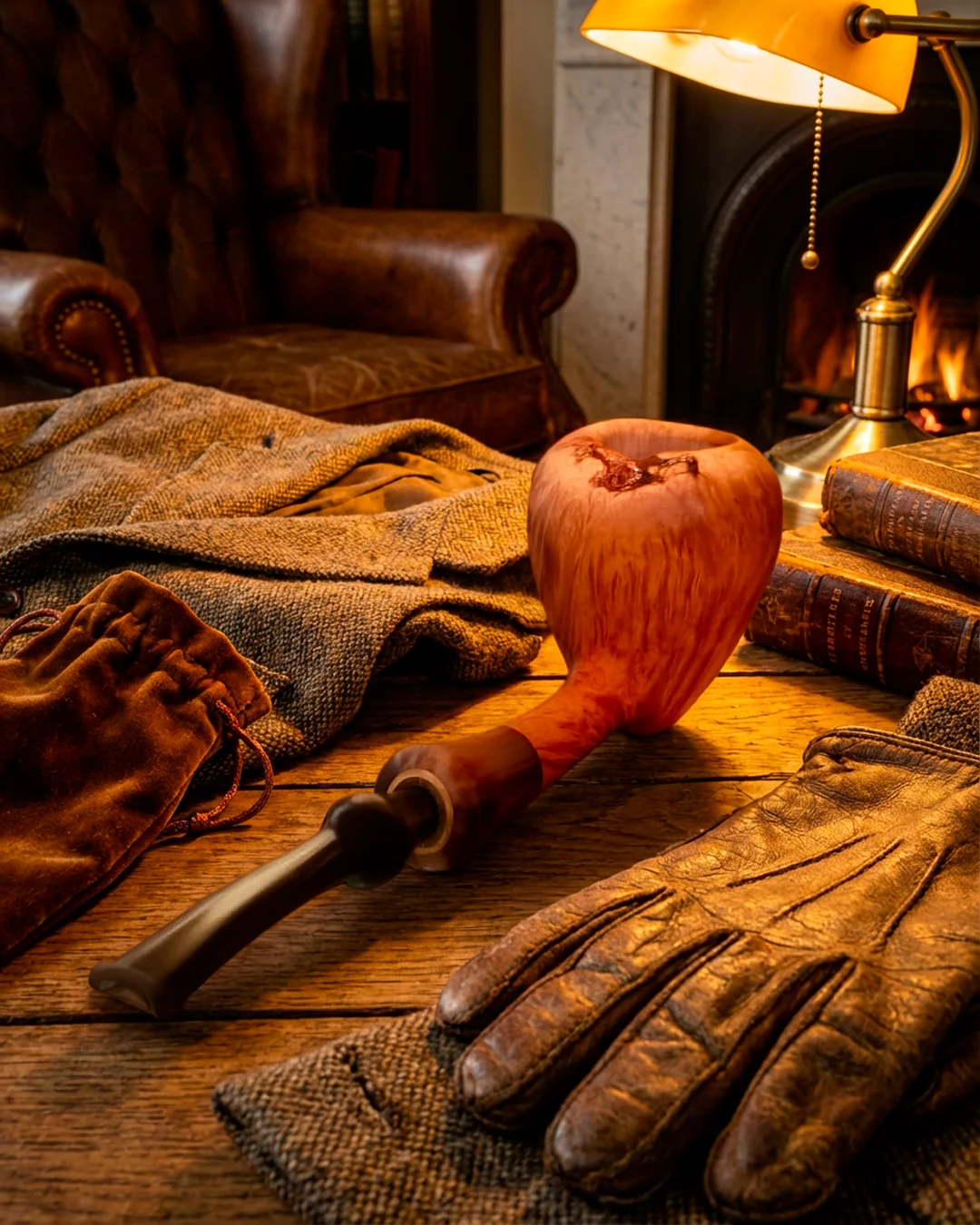 Una pipa in legno in una scena calda, fra tessuti, libri e una lampada da tavolo.