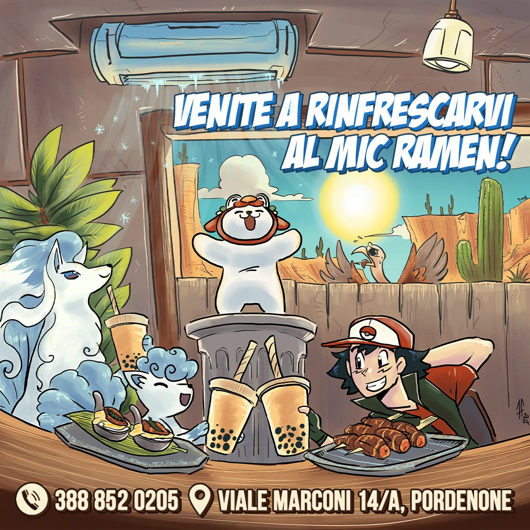 Contenuto estivo di Mic Ramen: personaggi illustrati e colori vivaci all’interno del locale.