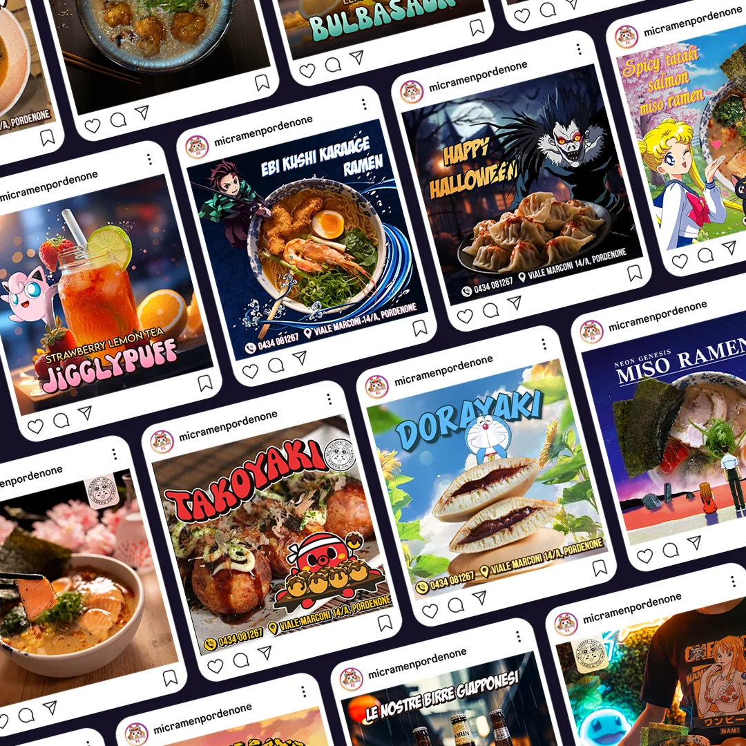 Selezione dei contenuti Instagram per Mic Ramen Pordenone: ramen, bevande e grafiche ispirate agli anime.